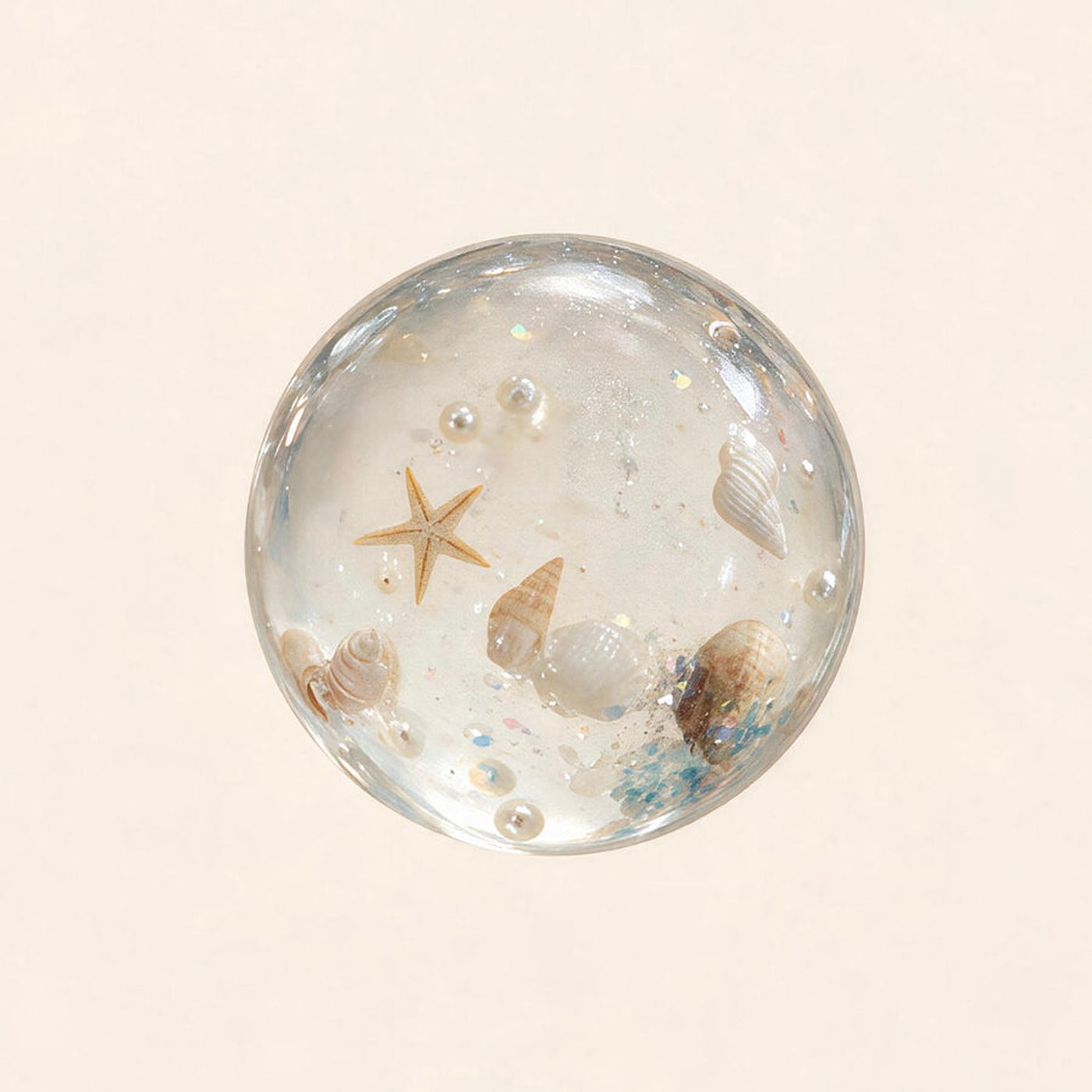 Crystal Ocean squishy ball with shells and a starfish suspended inside