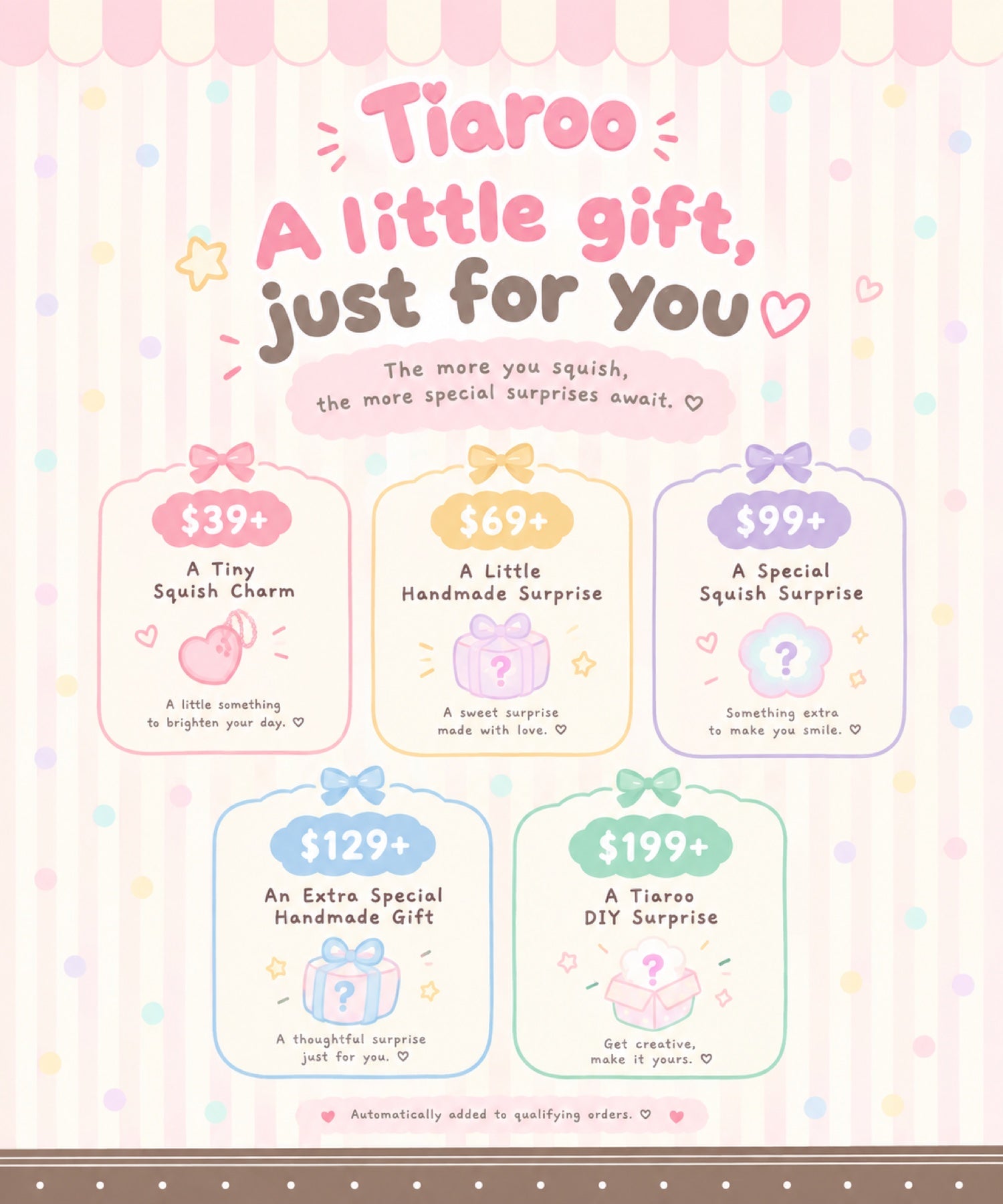 Tiaroo free gift tiers — spend $39 to $199
